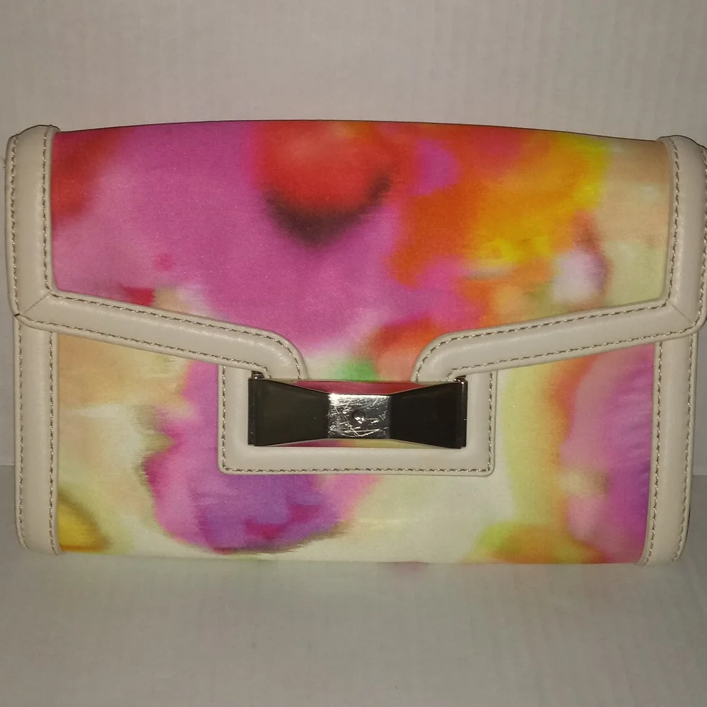 KATE SPADE MULTI COLOR SATIN CLUTCH WITH LEATHER TRIM - Picture 1 of 13